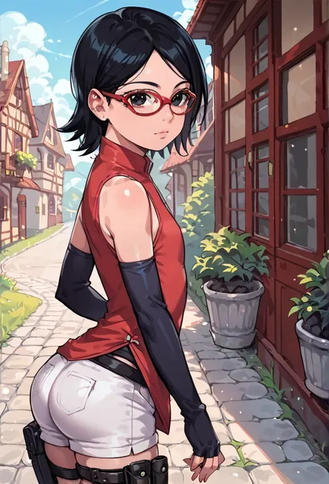 score_9_up, score_8_up, score_7_up, score_6_up, score_5_up, score_4_up, ,zPDXL2, solo, rating_questioablr, perfect face, perfect eyes, BBC_Chan Style, Sarada Uchiha, solo, 1girl, black hair, short hair, red-framed eyewear, glasses, black eyes,red dress, sl...