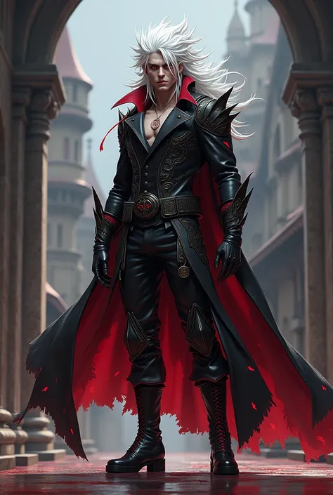 white man with red eyes. Your wild hair is white. Your clothes are made of leather, mainly pants and boots in a variation of black and red colors. It has a gothic vibe, confident, charismatic and strong. The setting is medieval fantasy. Unrealistic anime f...