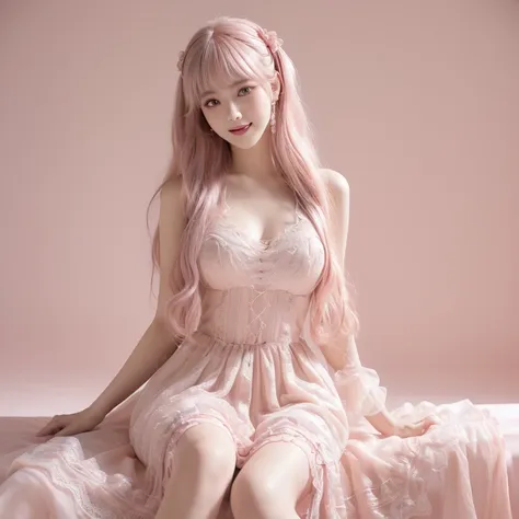 ((extra detailed body、extra detailed face、best quality:1.2) 2 girls, looking at the viewers、(pink-beige hair color、silky fabric,...