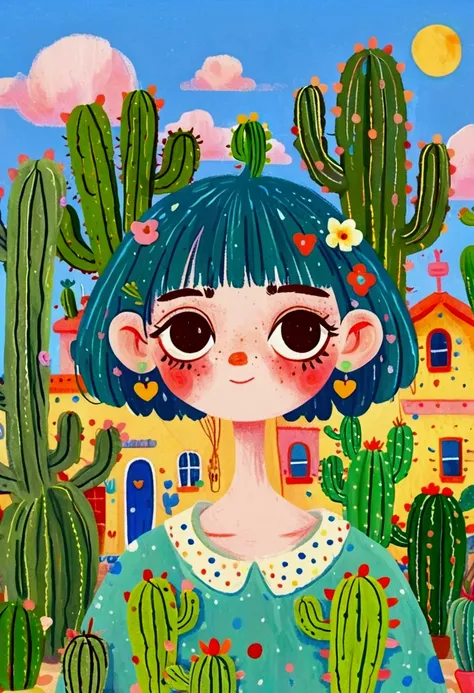 Cartoon Girl，Green bangs short hair, A pair of big, tearful eyes, Fair skin，There are obvious freckles, Simple teal pastel shades of clothing. The character has green eyebrows，Covering chest with hands. The background is mainly natural elements，(((The top ...