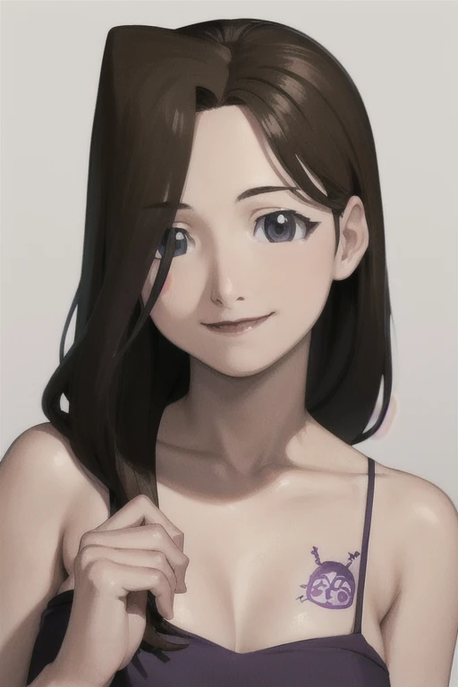 trishaelric, dark_purple_dress, dark_brown_hair, purple-eyes, loose_hair, masterpiece, best quality, absurdres, looking at viewer, smile, ourobouros tatoo