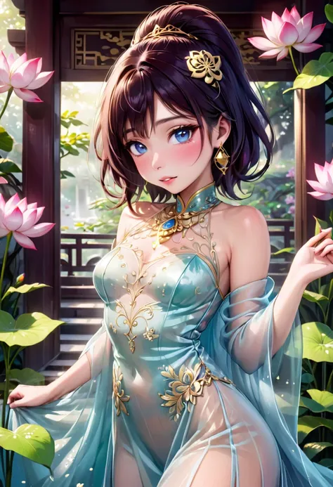 cute yuna (age 25, Asian princess, sheer intricate silk dress pale makeup, sleek, elegant), is emerging from an enchanted lotus flower, Emperors palace, sultry reveal