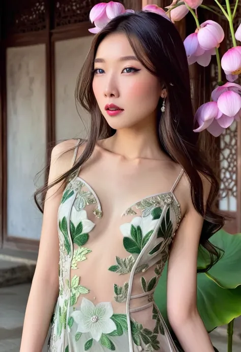 cute yuna (age 25, Asian princess, sheer intricate silk dress pale makeup, sleek, elegant), is emerging from an enchanted lotus flower, Emperors palace, sultry reveal
