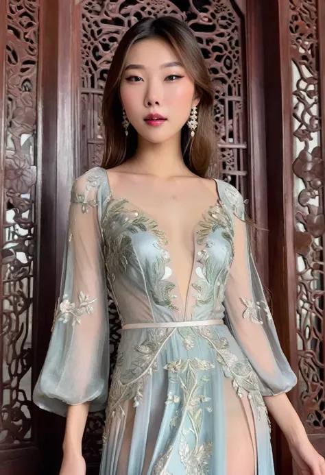 cute yuna (age 25, Asian princess, sheer intricate silk dress pale makeup, sleek, elegant), is emerging from an enchanted lotus flower, Emperors palace, sultry reveal
