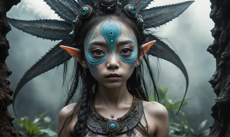 full-body-shot,fairy, Cinematic,Muted colors, Technicolor,natural skin textures,Quentin Blake Style Photography,full body shot,beggar deep niobium paladium The Alien Entity,native american babychild, wants eat,survival in criminal city of future, Technicol...