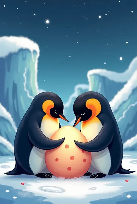 Male Emperor Penguins incubating egg in cartoon 