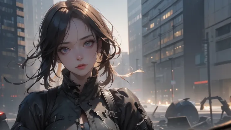 A girl in a post-apocalyptic setting, tattered clothing, holding an assault rifle, detailed face, beautiful detailed eyes, beautiful detailed lips, extremely detailed eyes and face, long eyelashes, post-apocalyptic environment, ruined city, debris, gritty,...