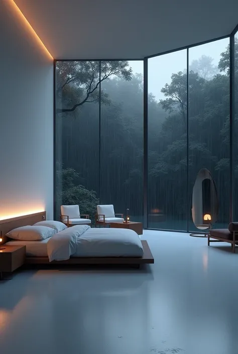 In a very spacious white room that is near a dark forest, There is a large bed, two chairs, a shelf and a mirror. It&#39;s night outside and you can see a light rain.