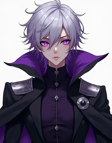 A thin young man with pale brown skin, a defined jaw, slanted eyes with violet pupils, large but defined nose, semi-long messy white hair with violet tips, he has marked circles under his eyes and a haggard appearance, he wears an ostentatious black cape w...