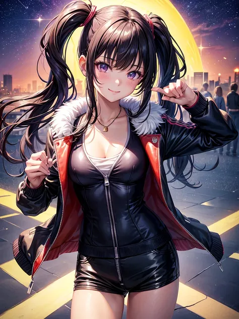 best quality，，smile，blazer，swimsuit，School，Collective of girls，Track jacket，Physical education class，JK，Sexy and cute，future，Wearing a fastener bra，zipper bra，Long Hair，She has her bangs down，Purple Eyes，evolution系ファッション，Cuteness at its finest，Sparkling，Le...