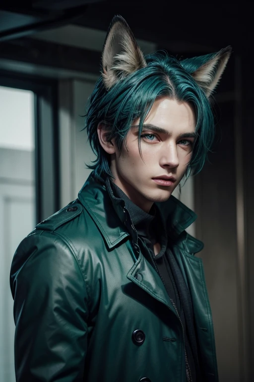 Handsome man with fox ears, Aqua blue hair, blue-green eyes, wearing black trench coat 