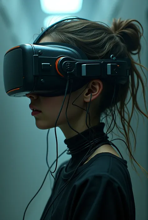 Visualize a young girl, her face partially obscured by a futuristic, ultra-immersive VR headset that seems to merge with her head, almost as if it is growing into her skin. The VR device wraps around her scalp like a spreading tumor, with wires and cables ...