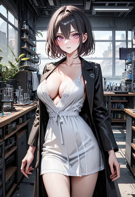 best quality,insanely detailed,8k,detailed background,detailed eyes,detailed face,lab,1 girl,scrawny,wear black doctors coat",large breasts,((shortcut)),deep black hair,cleavage,(cowboy shot),white negligee,heels,pink eyes,hairs between eyes,