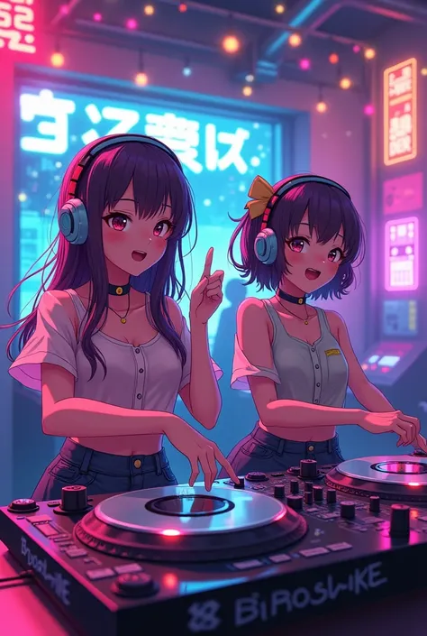 Retro arcade DJ anime girls happy clubbing 80s style