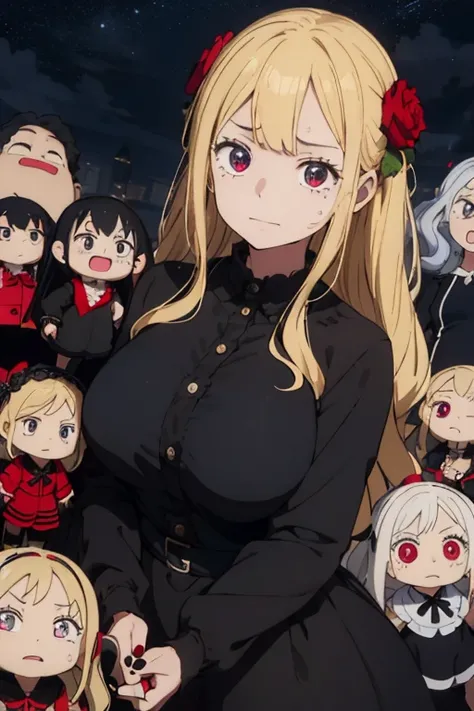 1 female, teenage girl, black long sleeve dress, blonde long hair, rosa cheeks, huge breast, doll store, happy face, girl, black flowers, sad dark sky, black nails, tears in her face, sadness
