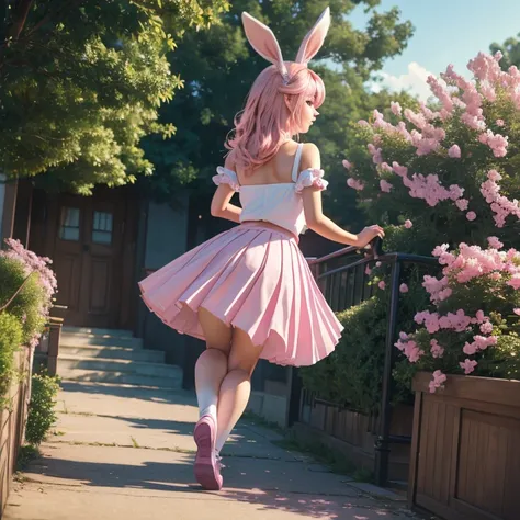 close up, (cute and sexy girl,pink hair,bunny girl:1.1,ultra-realistic,best quality,4k,highres,masterpiece:1.2),detailed lighting,anime, blue school uniform and blue pleated skirt, school background blurred,  captured mid-step in an elegant walk, with one ...