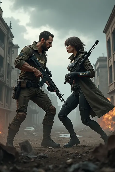 A gritty, cinematic image depicting a male PUBG character with a rugged, angular face, sharp jawline, and piercing brown eyes, clad in a worn, camouflage outfit with "Vision" emblazoned on his chest, and Jadyy, a female PUBG character with sexy body figure...