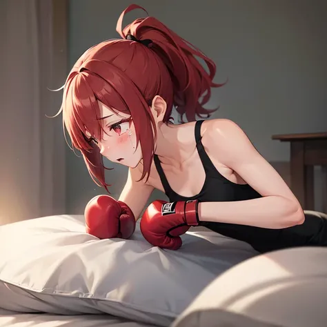 On a bed in a dark room、Wearing boxing gloves on both hands、ponytail、Petite women、Flushed face、Are crying、Looking away