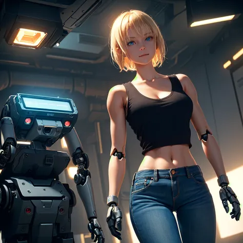 (highly detailed CG illustration), (8k, best quality, masterpiece:1.2), (realistic:1.3), (photorealistic:1.3), ultra-detailed, 1girl, (1), blonde short hair, blue eyes, (robot arms and hands:1.3), machine made joints, (fabric black tank top), open navel, m...