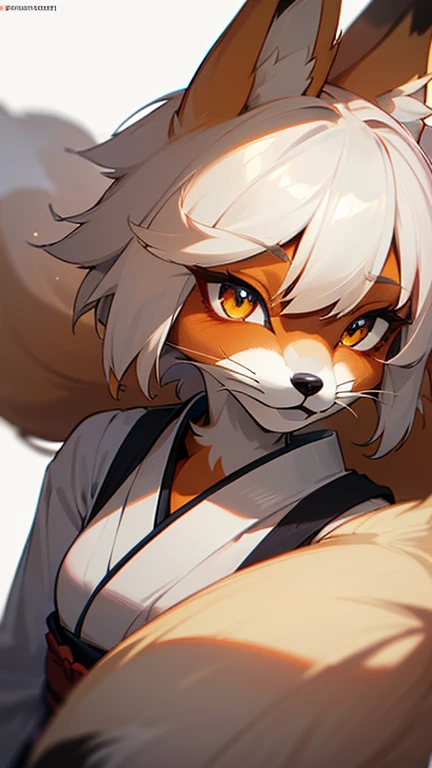 masterpiece,insanely detailed, absurdres, 16K, a girls, kemono, furry face, luminous eyes, with sparkling eyes, silver eyes, narrow eyes, (fox_girl, anthro furry:1.6),(anthro_female_fox:1.4), fluffy fur, hairy body, white background, upper body,japanese cl...