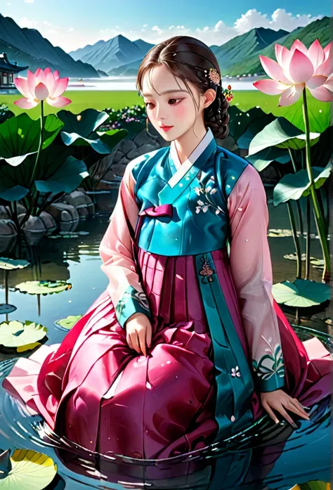 (pastel pink korean traditional costume_hanbok jeogori, hanbok skirt: 1.2, fine details), (full of lotus flowers, detail of a gi...