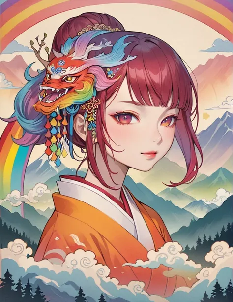 One Woman, Japanese Yokai, Draw a beautiful monster portrait, Beautiful art, colorful, rainbow, In the mountains