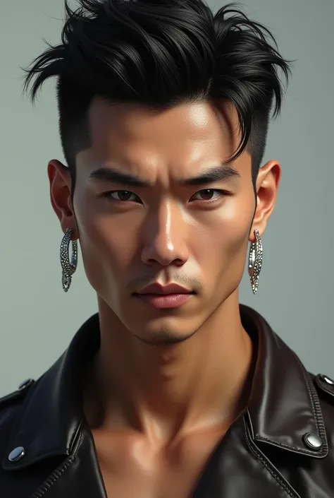 A sexy strong asian man with a lot of ear ring and black hair