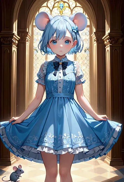 Girl with light blue hair, mouse ears and a dress with a short light blue skirt and shaved hair