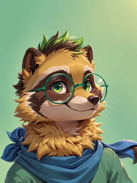 sfw, high quality, cartoon, animal focus, 1 boy, furry anthro raccoon, male, solo, golden yellow fur with green highlights, two eyes, emerald green eyes, round glasses with blue frame, blue bandanna scarf, anthropomorphic, raccoon nose, whiskers, raccoon s...