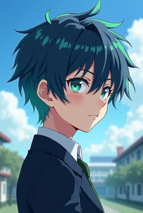 A tall boy, medium messy dark-blue hair, with turquoise strands, with bangs that split in two close to the nose, green eyes. Anime, anime style, school uniform