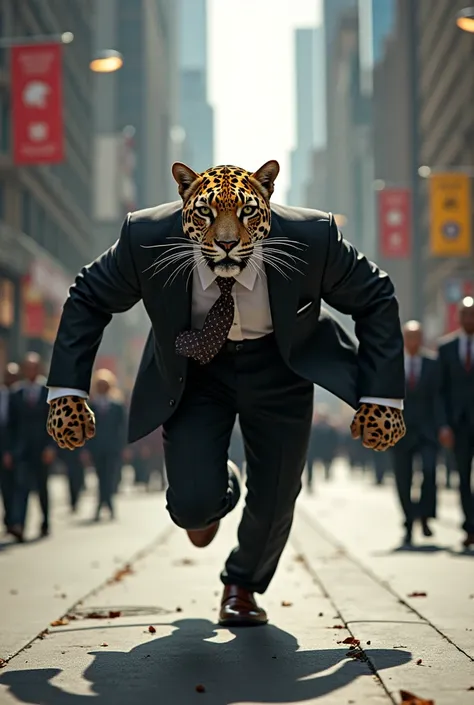 Jaguar dressed as a president, running around the city in hunger.