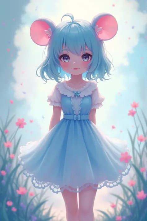 Girl with light blue hair, mouse ears and a light blue and pink short skirt dress