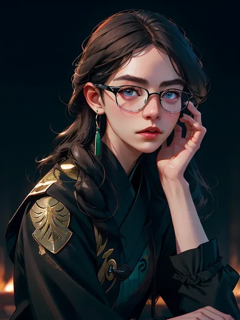 a young girl standing outside wearing glasses, in a black jacket, ((long hair)), inspired by zou zhe, tumblr, realism, xintong c...