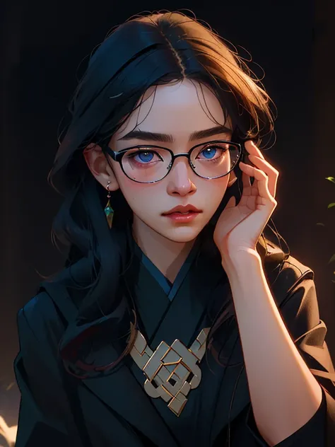 A young girl standing outside wearing glasses, in a black jacket, ((long hair)), inspired by Zou Zhe, tumblr, realism, Xintong Chen, around 1, Qichaowang, Huifenghuang, Zhe Long Xu, Xiao Fan Zhang, pengzhenzhang, zmonzheng, yihao ren, Zezhou Chen, (best qu...