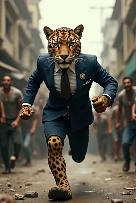 Jaguar dressed as a president, running through the city full of hungry people.