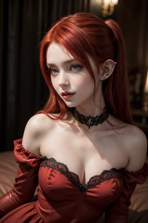 Sexy vampire woman, With red hair, ruby eyes,  wearing a dress and pointy ears, small breasts