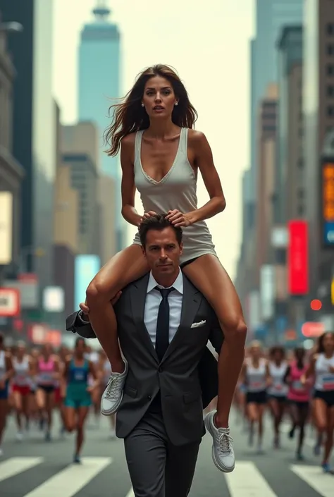 Sexy millionaire woman runs a marathon on her butler&#39;s shoulders 