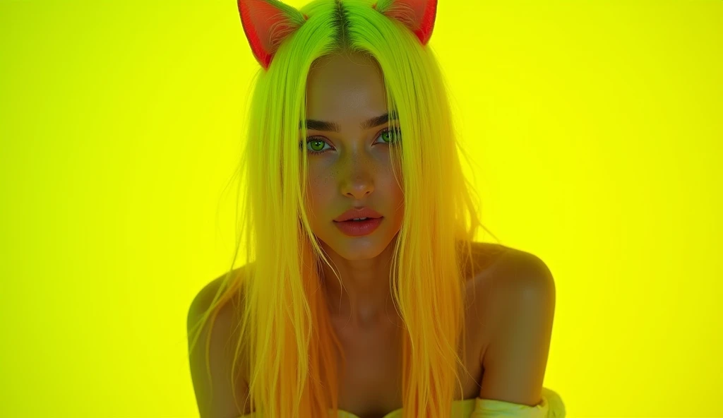 masterpiece, Highest quality, 4K, Realistic, Bokeh, Awareness-raising,1 perfect portrait of a girl, (A fascinating eye for perfect detail:1.2), Colorful Hair, (Gradient Hair), (Neon yellow hair:1.6), (Cat ear:1.2), Fantasy Background, (Exposed bare shoulde...