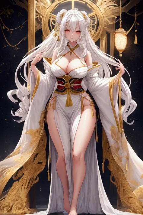 Clothes:
Kamis kimono is a blend of traditional elegance and daring sensuality. The white silk clings to her curves, with the gold trim accentuating her figure. The neckline plunges deeply, showcasing her ample cleavage, while the fabric is semi-transparen...