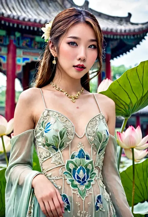 cute yuna (age 25, Asian princess, sheer intricate silk dress pale makeup, sleek, elegant), is emerging from an enchanted lotus flower, Emperors palace, sultry reveal
