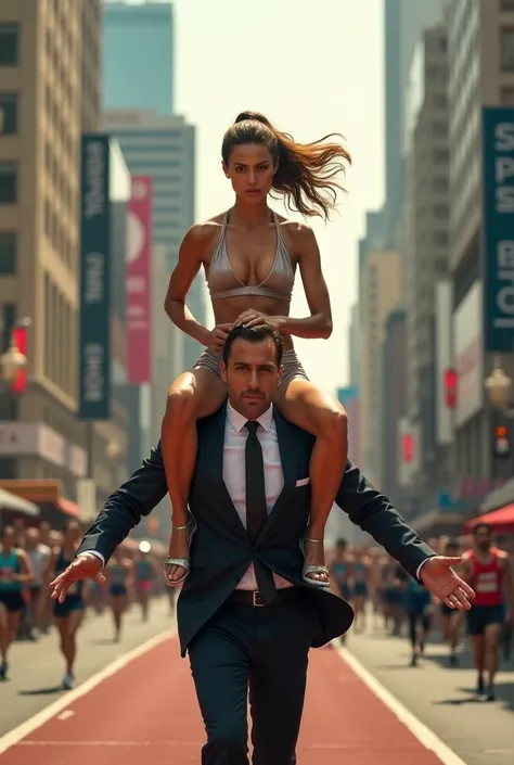 Sexy millionaire woman runs a marathon on her butler&#39;s shoulders 