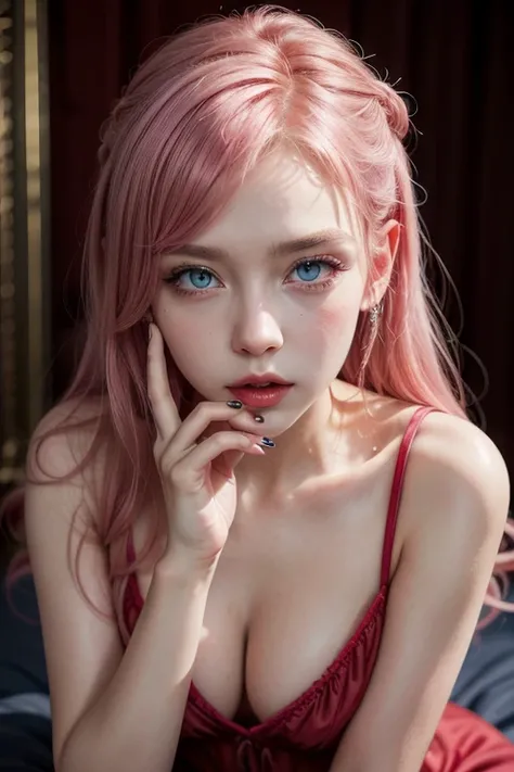 Young sexy vampire as a  girl, pointy ears, pink hair, wearing red dress and blue eyes 