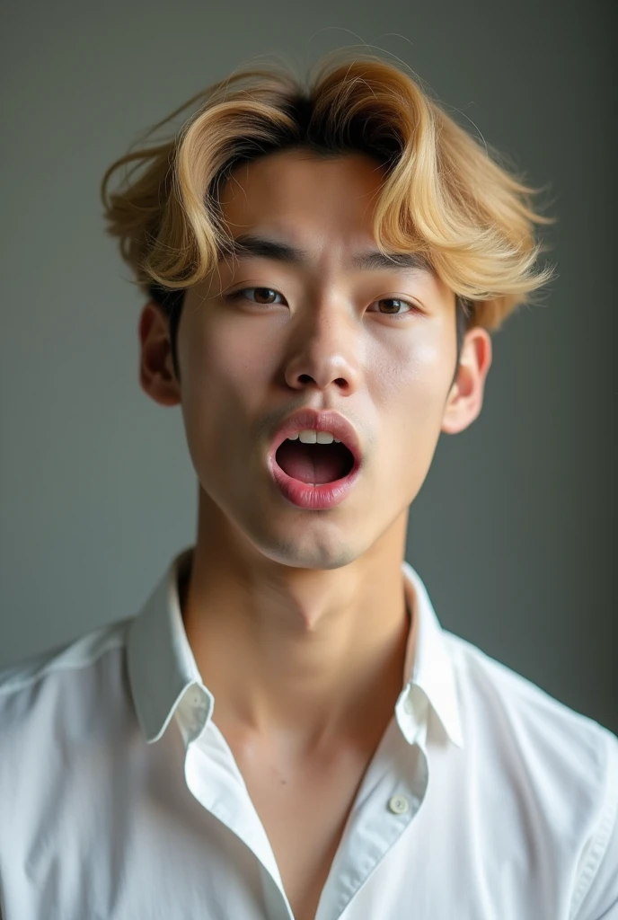 A Korean with curly blonde hair,Asian men&#39;s cut,with the shirt buttoned halfway,blushing with open mouth full of semen