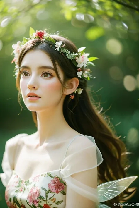 a beautiful elf girl in a magical forest, detailed face and features, large eyes, long eyelashes, soft skin, porcelain complexion, detailed intricate dress, swirling floral patterns, translucent fairy wings, sunlight streaming through trees, lush greenery,...