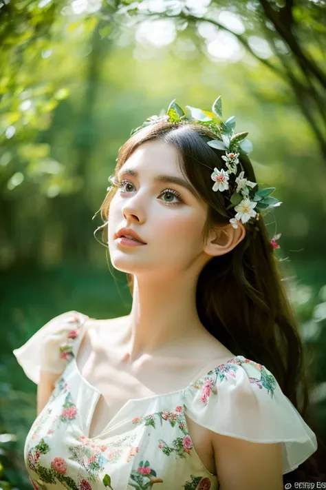 a beautiful elf girl in a magical forest, detailed face and features, large eyes, long eyelashes, soft skin, porcelain complexion, detailed intricate dress, swirling floral patterns, translucent fairy wings, sunlight streaming through trees, lush greenery,...