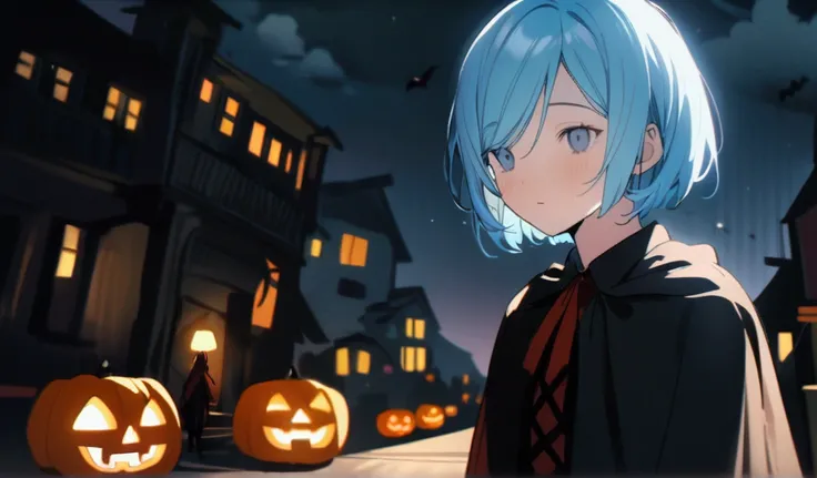 Bob Hair、Short Hair、Light blue hair、The tips of the hair are red、、Left eye is blue、Right eye is red、slender、Vampire-like costume、The background is Halloween-like.、Jack O&#39;Lantern、Small ghost、Widescreen, Photograph the whole body