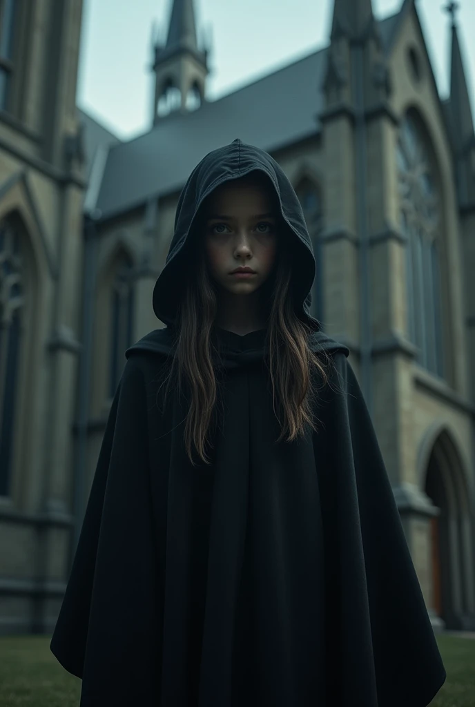 Image of a girl with her face covered dressed in black in front of a church 

