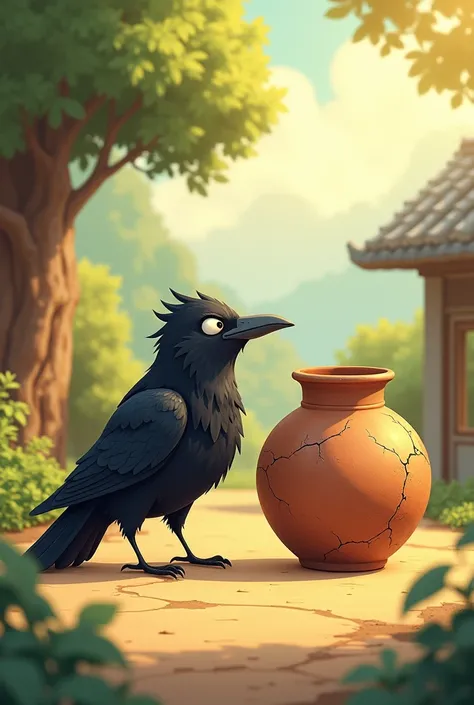 A crow sitting next to a clay pot, curiously asking how the pot keeps water cool in the scorching heat. The pot, slightly cracked from its time in the fire, responds calmly with humor. The background shows a warm sunny day with a traditional rural setting....