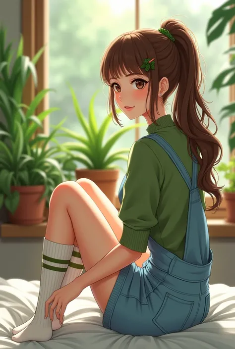  cute young good-bodied realistic woman on a bed looking at her plants from the window with brown hair tied in a ponytail with a leaf clip with brown eyes wearing a tight light blue overalls with a short-sleeved green wool sweater with white socks with gre...