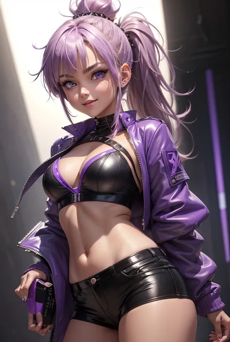 1 girl, (masterpiece), best quality, expressive eyes perfect face perfect skin, Akeli, busty, bright purple super saiyan shoudler length hair in ponytail with blonde spiked bangs,purple sparkly short leather jacket, blue strapless sports bra, shiney black ...